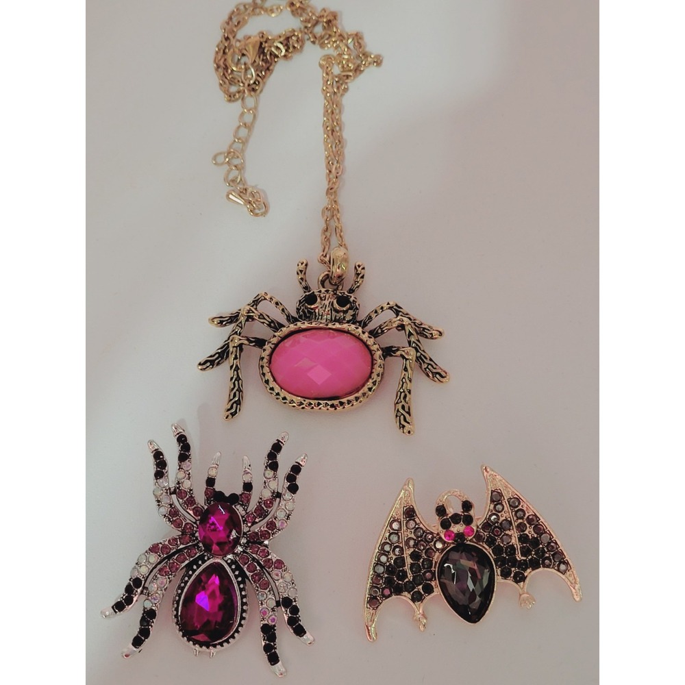 3 PC 90s VTG Goth Moody Coquette Brooch Necklace Lot Bat Spiders